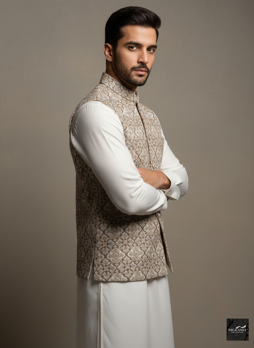 The Ivory & Coffee Resham Heritage Waistcoat - Image 3