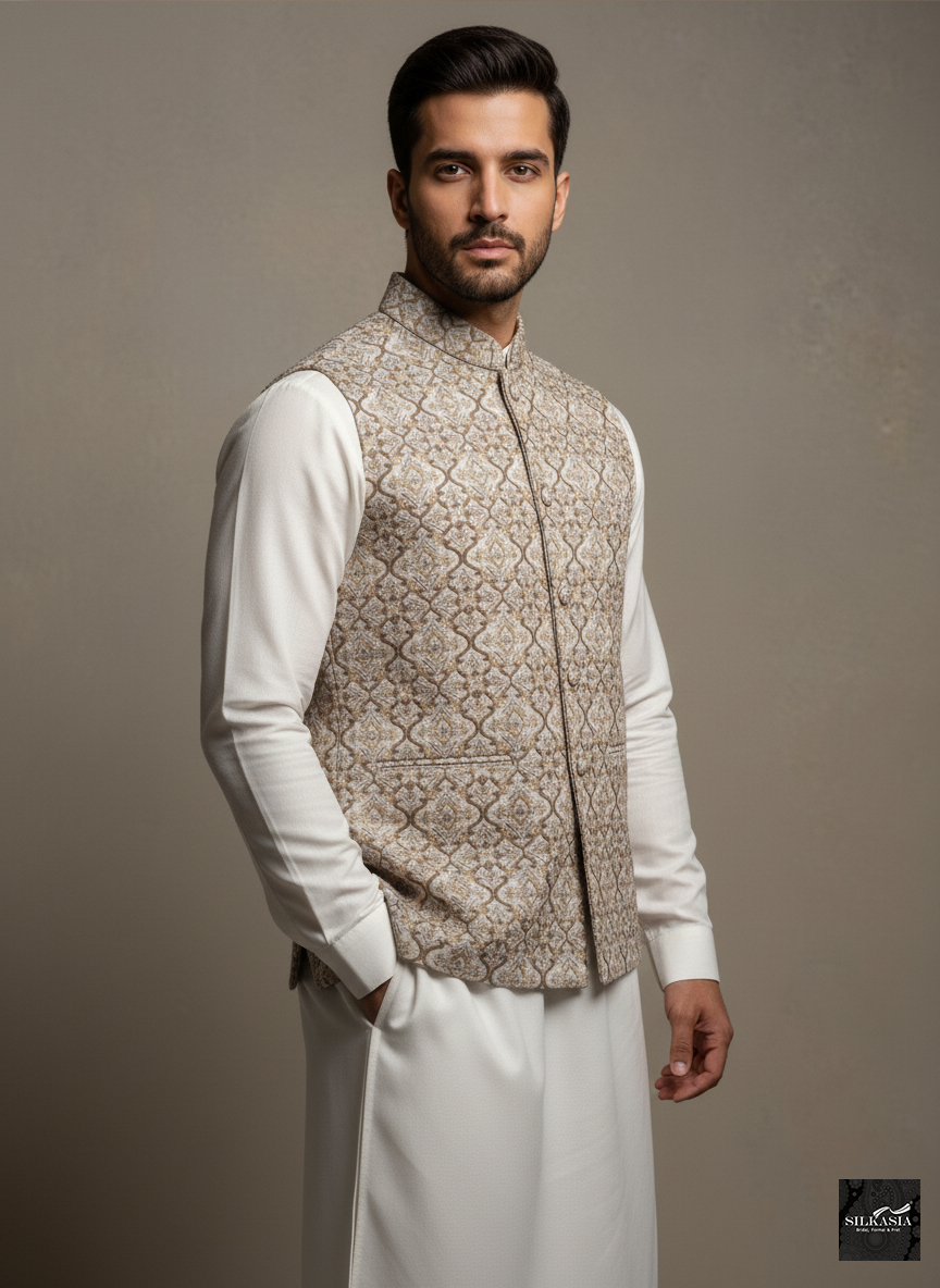 The Ivory & Coffee Resham Heritage Waistcoat - Image 2