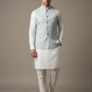 Sky Azure Self-Embroidered Waistcoat with Pristine Korean Raw Silk Inner Suit