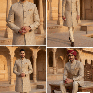 Sandstone Majesty Sherwani – Geometric Self-Embroidery with Golden Sequin Accents