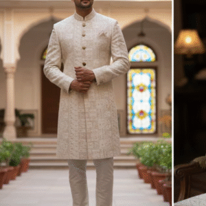 Classic Off-White Embroidered Sherwani – Intricate Tilla Work on Premium Fabric