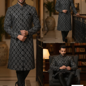 Midnight Noir Sherwani – Premium Black Self-Embry with Silver Sequin Brilliance