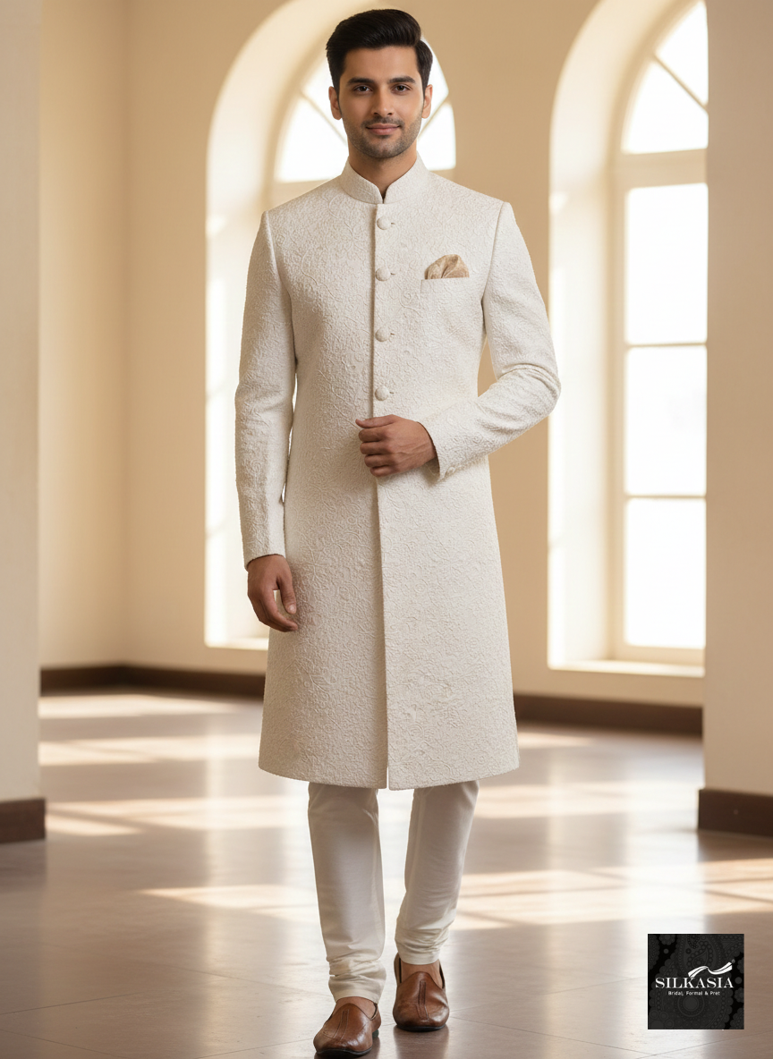 Imperial Off-White Self-Embroidered Sherwani